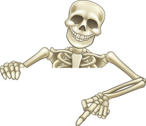 A skeleton Halloween cartoon character peeking over a sign and pointing at it