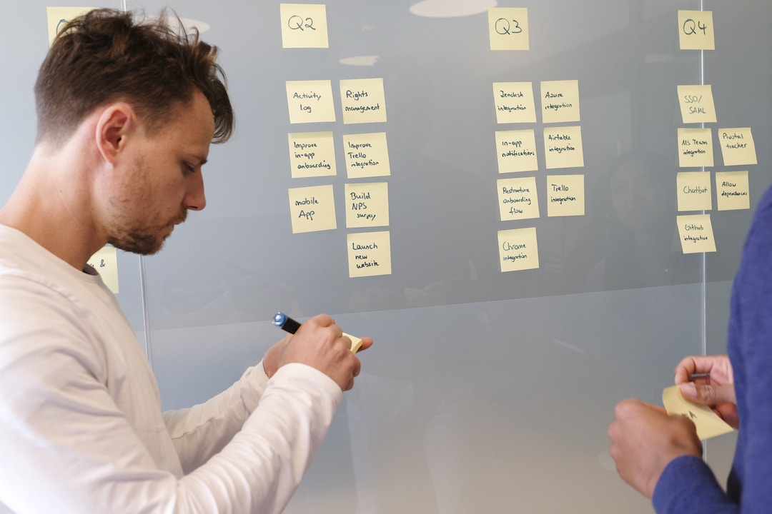 Two business professionals using Post-It Notes to establish account planning process